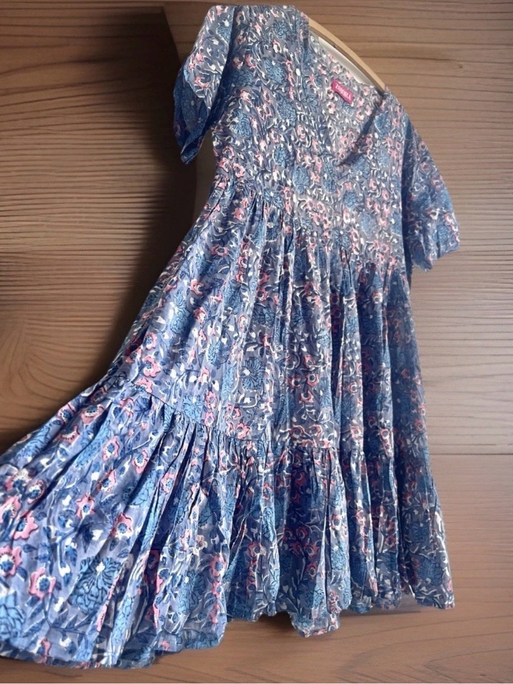 ZOJORA Tiered Dress Block Print Cotton Voile (one size) Blue Pink Floral